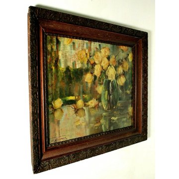 ANTICO QUADRO OLIO Angelo Malinverni Rose NATURA MORTA FIORI ROSE GIALLE VASO 35