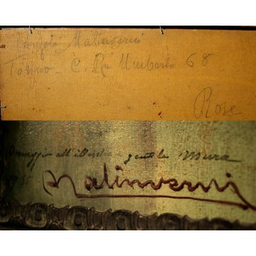 ANTICO QUADRO OLIO Angelo Malinverni Rose NATURA MORTA FIORI ROSE GIALLE VASO 35