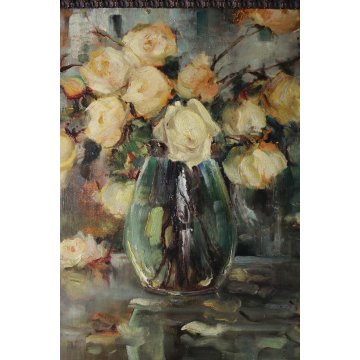 ANTICO QUADRO OLIO Angelo Malinverni Rose NATURA MORTA FIORI ROSE GIALLE VASO 35