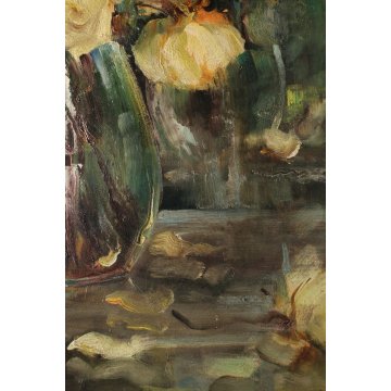 ANTICO QUADRO OLIO Angelo Malinverni Rose NATURA MORTA FIORI ROSE GIALLE VASO 35