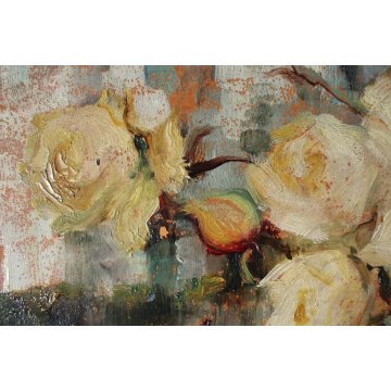 ANTICO QUADRO OLIO Angelo Malinverni Rose NATURA MORTA FIORI ROSE GIALLE VASO 35