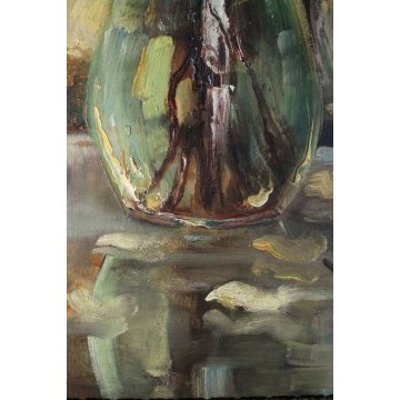 ANTICO QUADRO OLIO Angelo Malinverni Rose NATURA MORTA FIORI ROSE GIALLE VASO 35