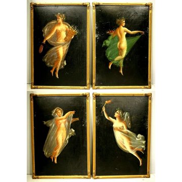 n°4 DIPINTO OLIO ALLEGORIA QUATTRO STAGIONI FIGURE FEMMINILI Liberty CORNICE ORO
