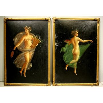 n°4 DIPINTO OLIO ALLEGORIA QUATTRO STAGIONI FIGURE FEMMINILI Liberty CORNICE ORO