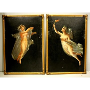 n°4 DIPINTO OLIO ALLEGORIA QUATTRO STAGIONI FIGURE FEMMINILI Liberty CORNICE ORO