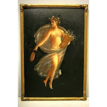n°4 DIPINTO OLIO ALLEGORIA QUATTRO STAGIONI FIGURE FEMMINILI Liberty CORNICE ORO
