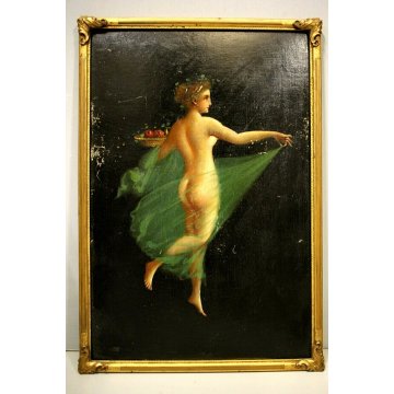 n°4 DIPINTO OLIO ALLEGORIA QUATTRO STAGIONI FIGURE FEMMINILI Liberty CORNICE ORO