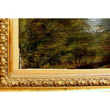 ANTICO QUADRO OLIO SU TAVOLA G.Cavalla '800 PAESAGGIO CAMPESTRE RADURA EPOCA  