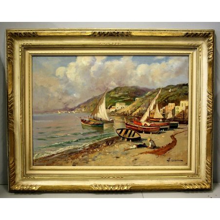 ANTICO QUADRO OLIO TELA Balsamo PAESAGGIO MARINA GOLFO NAPOLI PESCATORI BARCHE 