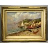 ANTICO QUADRO OLIO TELA Balsamo PAESAGGIO MARINA GOLFO NAPOLI PESCATORI BARCHE 