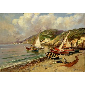 ANTICO QUADRO OLIO TELA Balsamo PAESAGGIO MARINA GOLFO NAPOLI PESCATORI BARCHE 