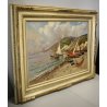 ANTICO QUADRO OLIO TELA Balsamo PAESAGGIO MARINA GOLFO NAPOLI PESCATORI BARCHE 
