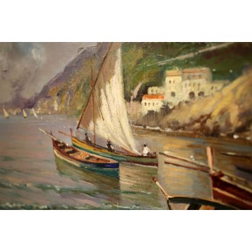 ANTICO QUADRO OLIO TELA Balsamo PAESAGGIO MARINA GOLFO NAPOLI PESCATORI BARCHE 