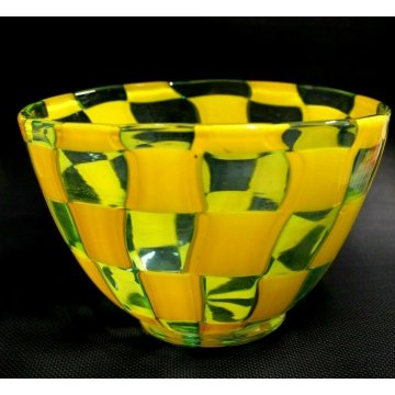 VASO VETRO Murano DESIGN Barovier & Toso TESSERE TRASPARENTE GIALLO FIRMATO 70's