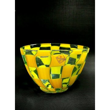VASO VETRO Murano DESIGN Barovier & Toso TESSERE TRASPARENTE GIALLO FIRMATO 70's