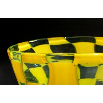 VASO VETRO Murano DESIGN Barovier & Toso TESSERE TRASPARENTE GIALLO FIRMATO 70's
