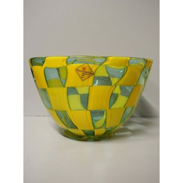 VASO VETRO Murano DESIGN Barovier & Toso TESSERE TRASPARENTE GIALLO FIRMATO 70's