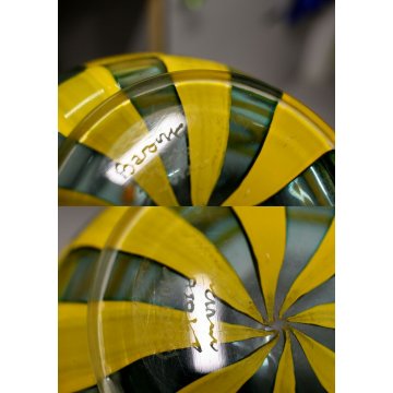 VASO VETRO Murano DESIGN Barovier & Toso TESSERE TRASPARENTE GIALLO FIRMATO 70's