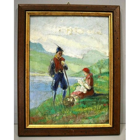 QUADRO OLIO TAVOLA Canclini Astorre SCENA ROMANTICA PAESAGGIO MONTANO LAGO 1958