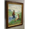 QUADRO OLIO TAVOLA Canclini Astorre SCENA ROMANTICA PAESAGGIO MONTANO LAGO 1958