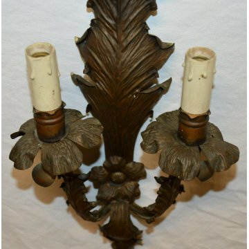 COPPIA ANTICA LAMPADA MURO OTTONE APPLIQUE Liberty VINTAGE OLD BRASS WALL LAMP