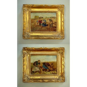 COPPIA ANTICO QUADRO PAESAGGIO SCENA CAMPAGNA CONTADINE CORNICE ORNATA DORATA 