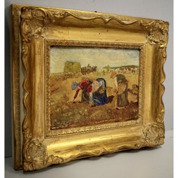 COPPIA ANTICO QUADRO PAESAGGIO SCENA CAMPAGNA CONTADINE CORNICE ORNATA DORATA 