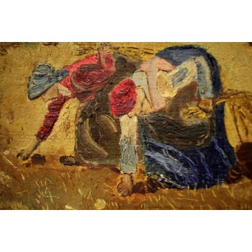 COPPIA ANTICO QUADRO PAESAGGIO SCENA CAMPAGNA CONTADINE CORNICE ORNATA DORATA 