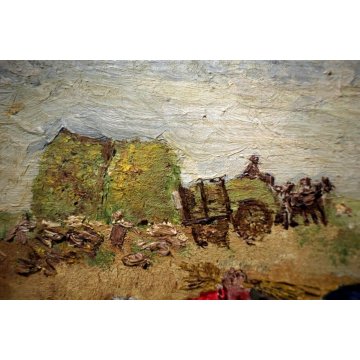 COPPIA ANTICO QUADRO PAESAGGIO SCENA CAMPAGNA CONTADINE CORNICE ORNATA DORATA 