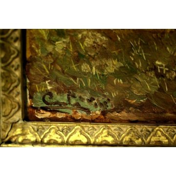 COPPIA ANTICO QUADRO PAESAGGIO SCENA CAMPAGNA CONTADINE CORNICE ORNATA DORATA 