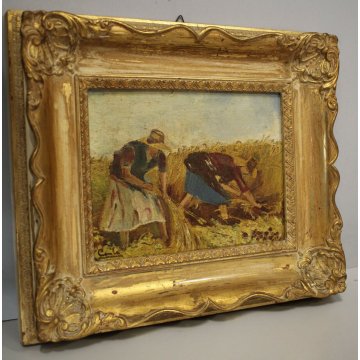 COPPIA ANTICO QUADRO PAESAGGIO SCENA CAMPAGNA CONTADINE CORNICE ORNATA DORATA 