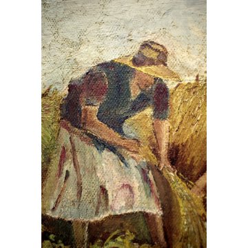 COPPIA ANTICO QUADRO PAESAGGIO SCENA CAMPAGNA CONTADINE CORNICE ORNATA DORATA 