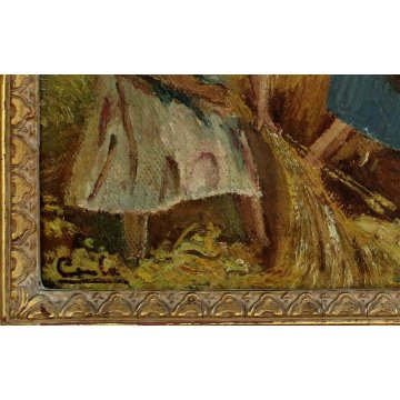 COPPIA ANTICO QUADRO PAESAGGIO SCENA CAMPAGNA CONTADINE CORNICE ORNATA DORATA 