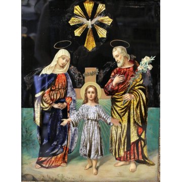 ANTICO QUADRO VETROFANIA SACRA FAMIGLIA RELIGIOSO S. MARIA GESU' S. GIUSEPPE 900