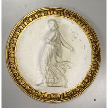 COPPIA MEDAGLIONE BASSORILIEVO GESSO TOSCANA FIGURA CLASSICA BIANCO ORO EPOCA