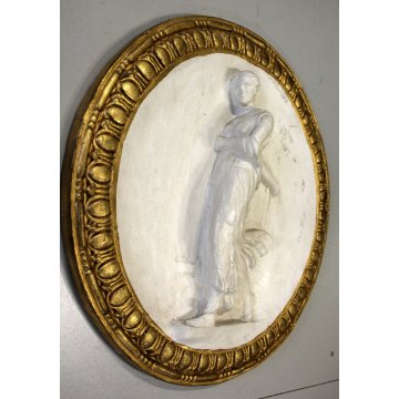 COPPIA MEDAGLIONE BASSORILIEVO GESSO TOSCANA FIGURA CLASSICA BIANCO ORO EPOCA