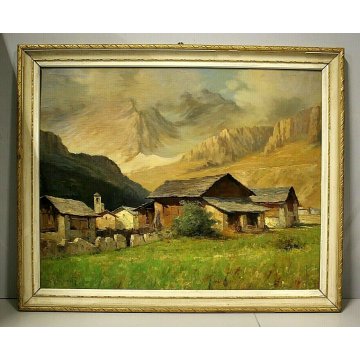 GRANDE QUADRO OLIO E. Magrotti PAESAGGIO ALPINO BORGO BAITE MONTAGNA Macugnaga