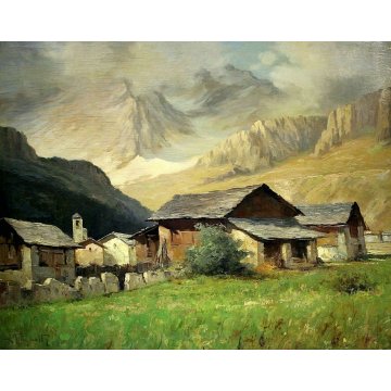 GRANDE QUADRO OLIO E. Magrotti PAESAGGIO ALPINO BORGO BAITE MONTAGNA Macugnaga