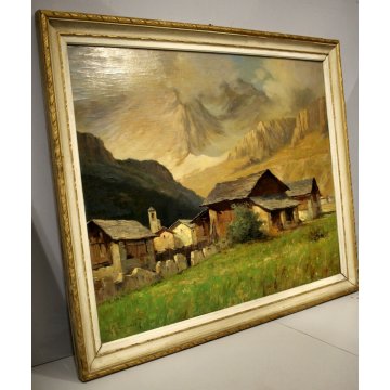GRANDE QUADRO OLIO E. Magrotti PAESAGGIO ALPINO BORGO BAITE MONTAGNA Macugnaga