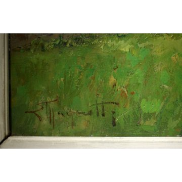 GRANDE QUADRO OLIO E. Magrotti PAESAGGIO ALPINO BORGO BAITE MONTAGNA Macugnaga