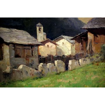 GRANDE QUADRO OLIO E. Magrotti PAESAGGIO ALPINO BORGO BAITE MONTAGNA Macugnaga