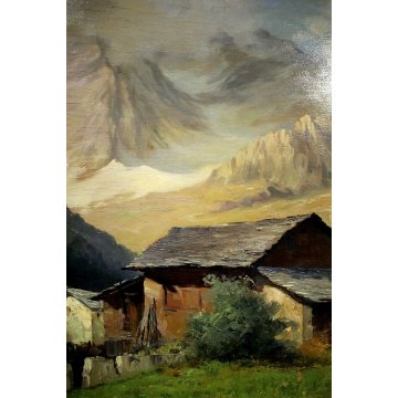 GRANDE QUADRO OLIO E. Magrotti PAESAGGIO ALPINO BORGO BAITE MONTAGNA Macugnaga