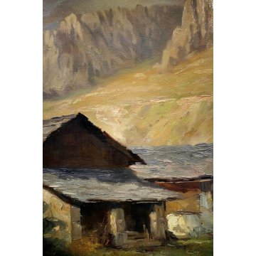 GRANDE QUADRO OLIO E. Magrotti PAESAGGIO ALPINO BORGO BAITE MONTAGNA Macugnaga