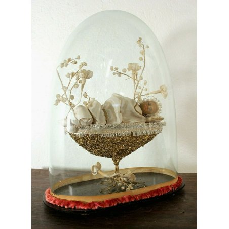 ANTICA STATUA ICONA Maria Bambina CERA TECA CUPOLA VETRO SOFFIATO EPOCA '800/900