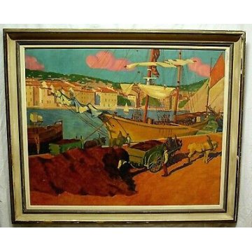 ANTICO QUADRO DIPINTO olio tela Matthey De Catus 1958 PAESAGGIO MARINA PORTO 