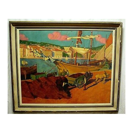 ANTICO QUADRO DIPINTO olio tela Matthey De Catus 1958 PAESAGGIO MARINA PORTO 