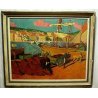 ANTICO QUADRO DIPINTO olio tela Matthey De Catus 1958 PAESAGGIO MARINA PORTO 