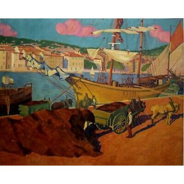 ANTICO QUADRO DIPINTO olio tela Matthey De Catus 1958 PAESAGGIO MARINA PORTO 