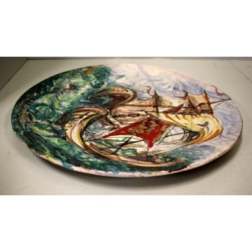 GRANDE PIATTO PARATA Aretini Zulimo CERAMICA CENTROTAVOLA SCENA BATTAGLIA NAVI
