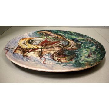 GRANDE PIATTO PARATA Aretini Zulimo CERAMICA CENTROTAVOLA SCENA BATTAGLIA NAVI